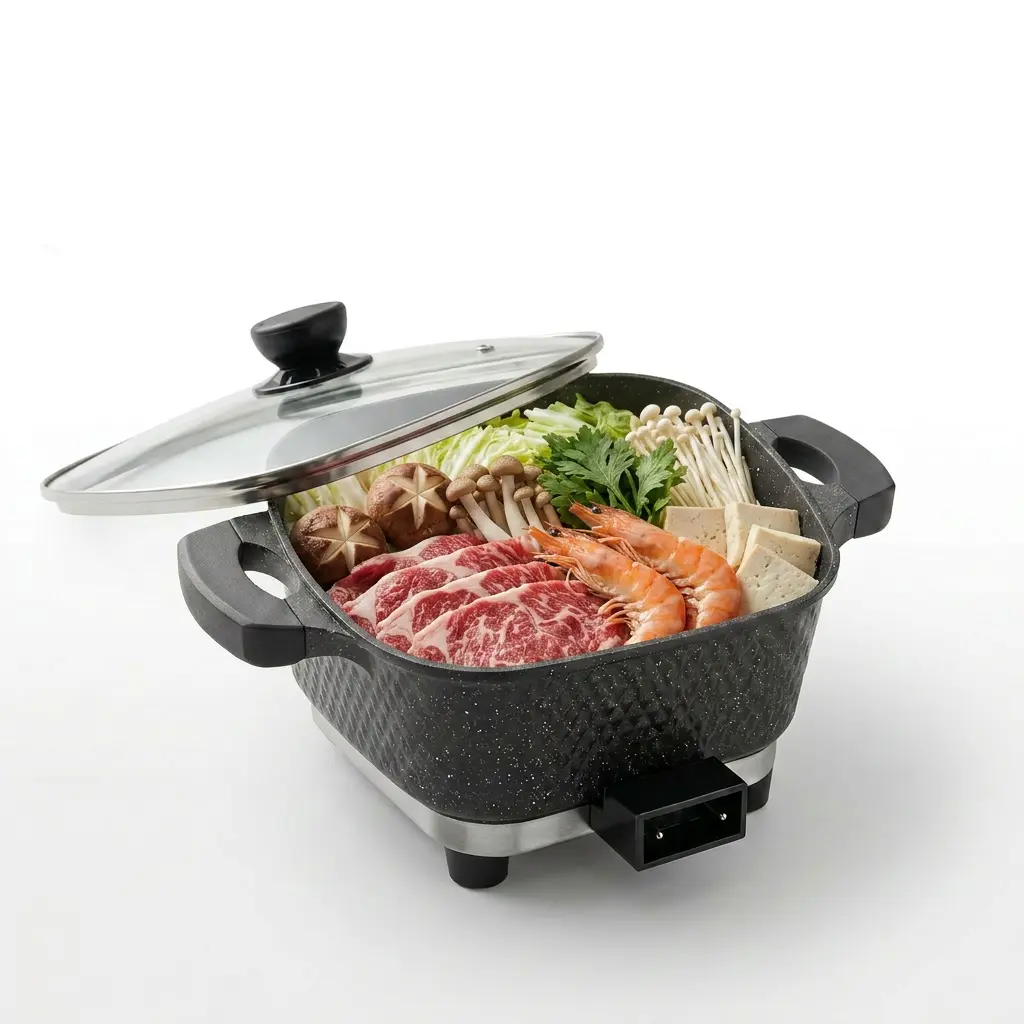Multifunctional Electric Cooker — Tempered Glass Lid, Stay-Cool Handles, Detachable Heating Base, Non-Stick Diamond Texture, Countertop-to-Table Use, Easy Cleanup