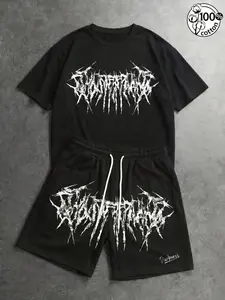 Unisex 100% Cotton Black 2-Piece T-Shirt & Shorts Set | Death Metal Font Print Dark Alt Gothic Streetwear Casual Outfit