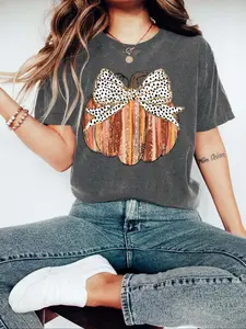 Women's Pumpkin & Bow Print Round Neck Tee, Fashion Casual Short Sleeve T-Shirt, Ladies Summer Clothes for Daily Wear