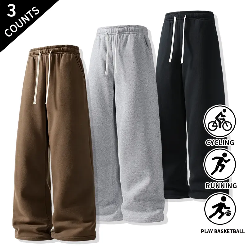 3-Pack Men’s Loose Straight-Fit Casual Sweatpants, Comfortable Athletic Pants with Adjustable Drawstring Elastic Waistband, Basic Solid-Color Long Pants for Everyday Wear