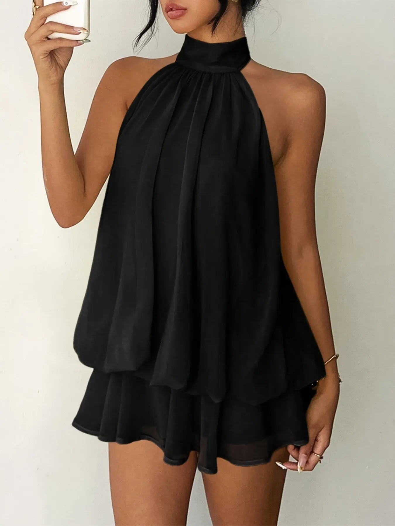 Chiffon Halter Backless Mini Dress Sexy Solid Beach Wear Vacation Holiday  Ruffles Summer Dress Halter Strap Dress - TikTok Shop