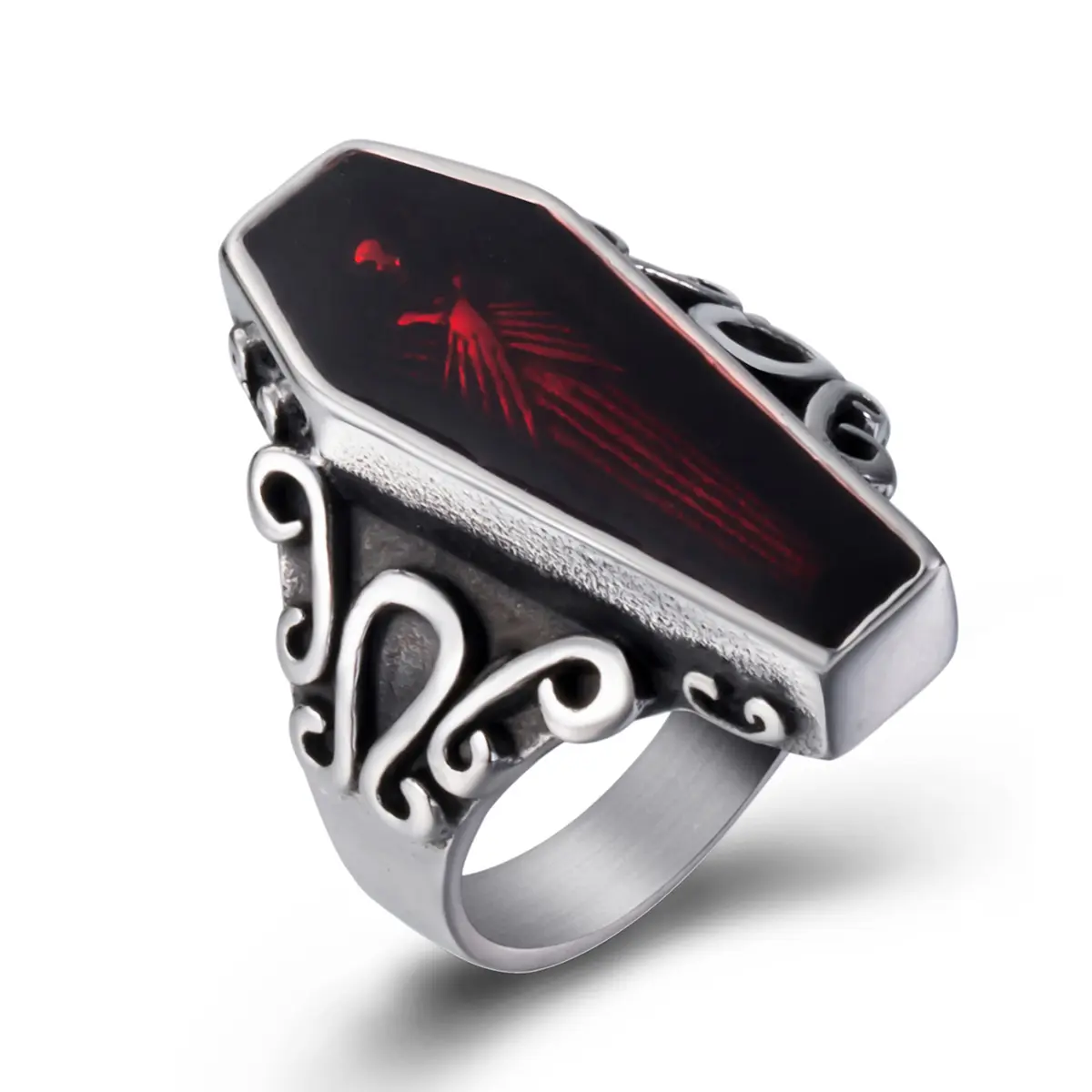 Vintage Gothic Vampire Coffin Ring for Men, Red Enamel Casket, Tarnish-Resistant Stainless Steel Punk Rock Goth Skull Jewelry, Men's Accessories, Sizes 8-13