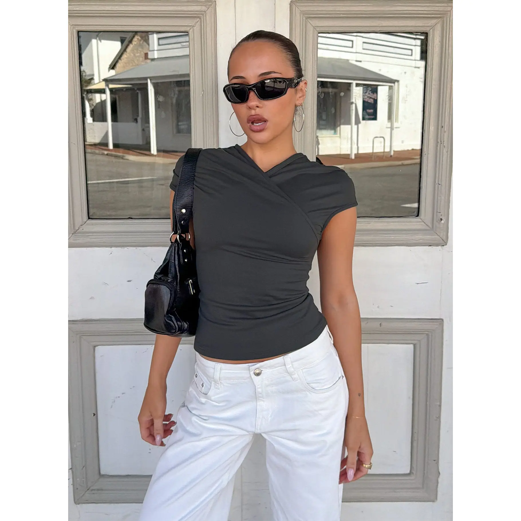 Daily Define Wrap Over Short Sleeve Top Slate Grey