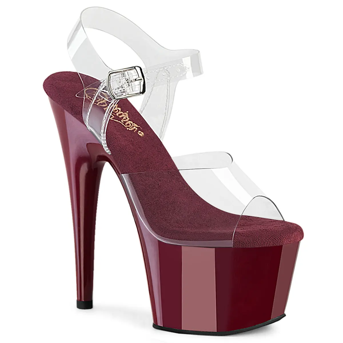 Pleaser Adore-708 Women's Heeled Platform Sandals in Clear/Burgundy with Ankle Strap, 7" Heel & 2.75" Platform, Platform Heeled