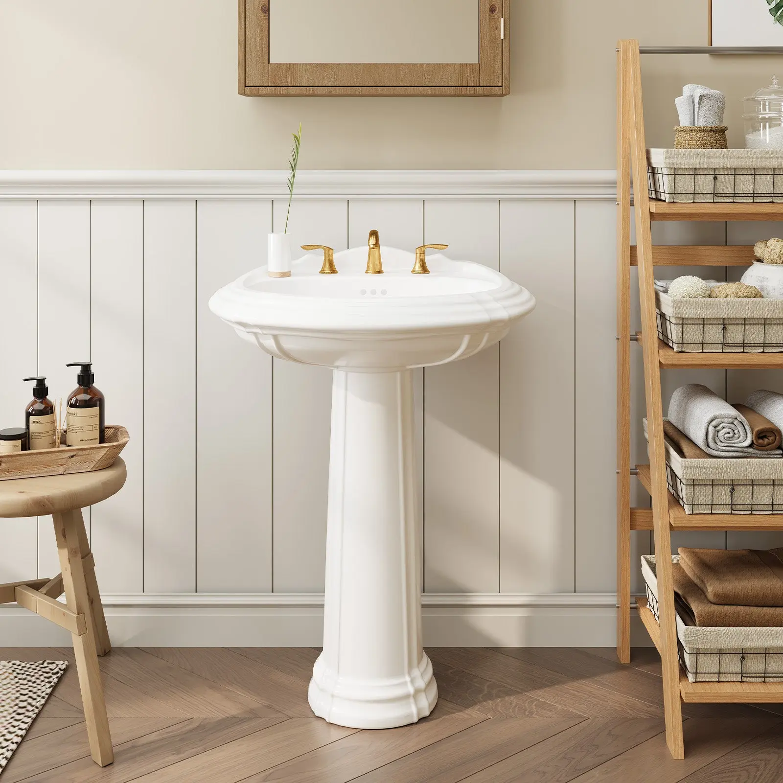 【GARVEE】20 x 26 Inch Classic Freestanding Ceramic Bathroom Pedestal Sink with Overflow Hole and 3 Pre-Drilled Holes for 8 Inch Faucets, Vintage White Finish