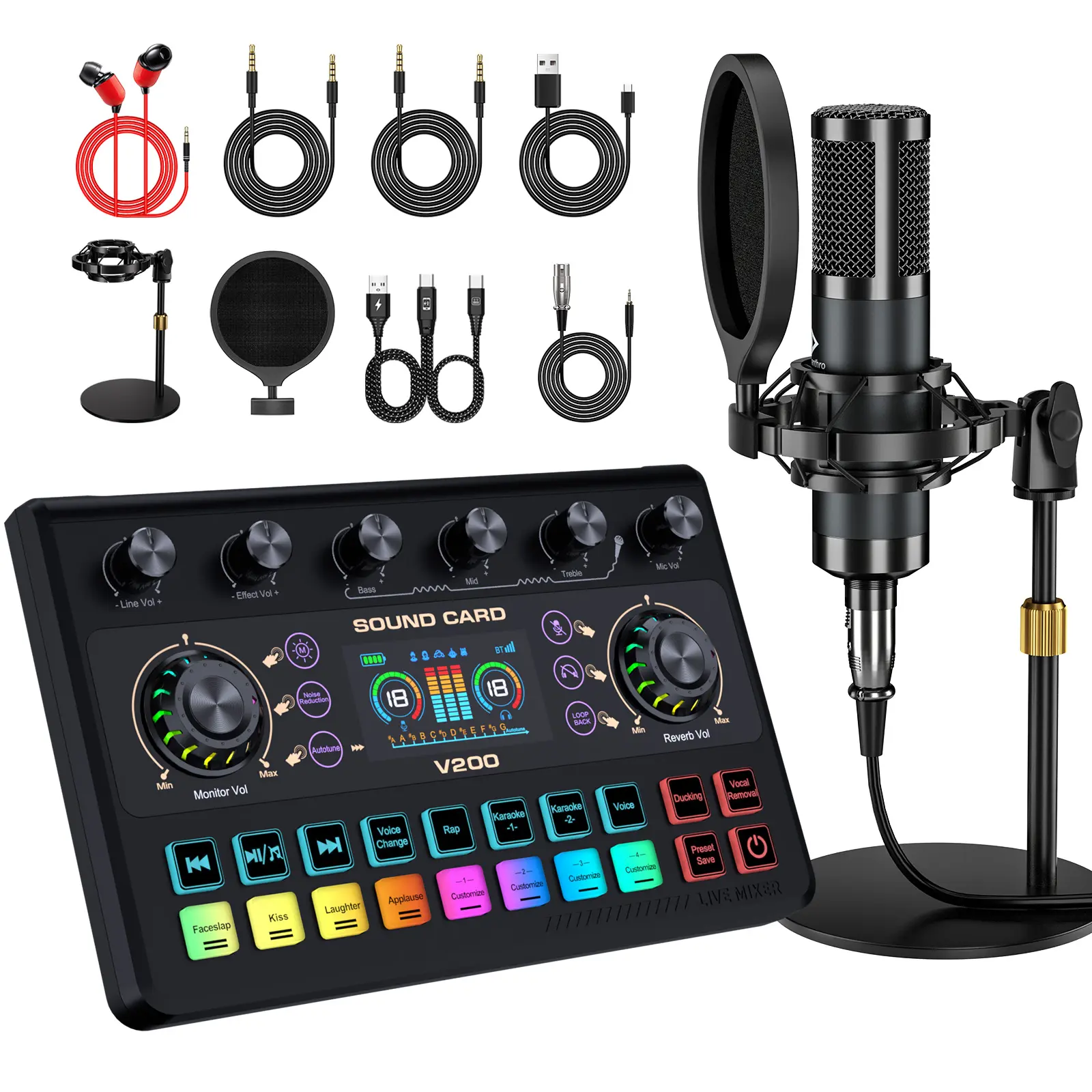 Ideanthro V200-P15 Live Sound Card & Mixer – XLR Mic Support & Touch-Controlled Voice Changer for Podcast, Studio & Game Voice