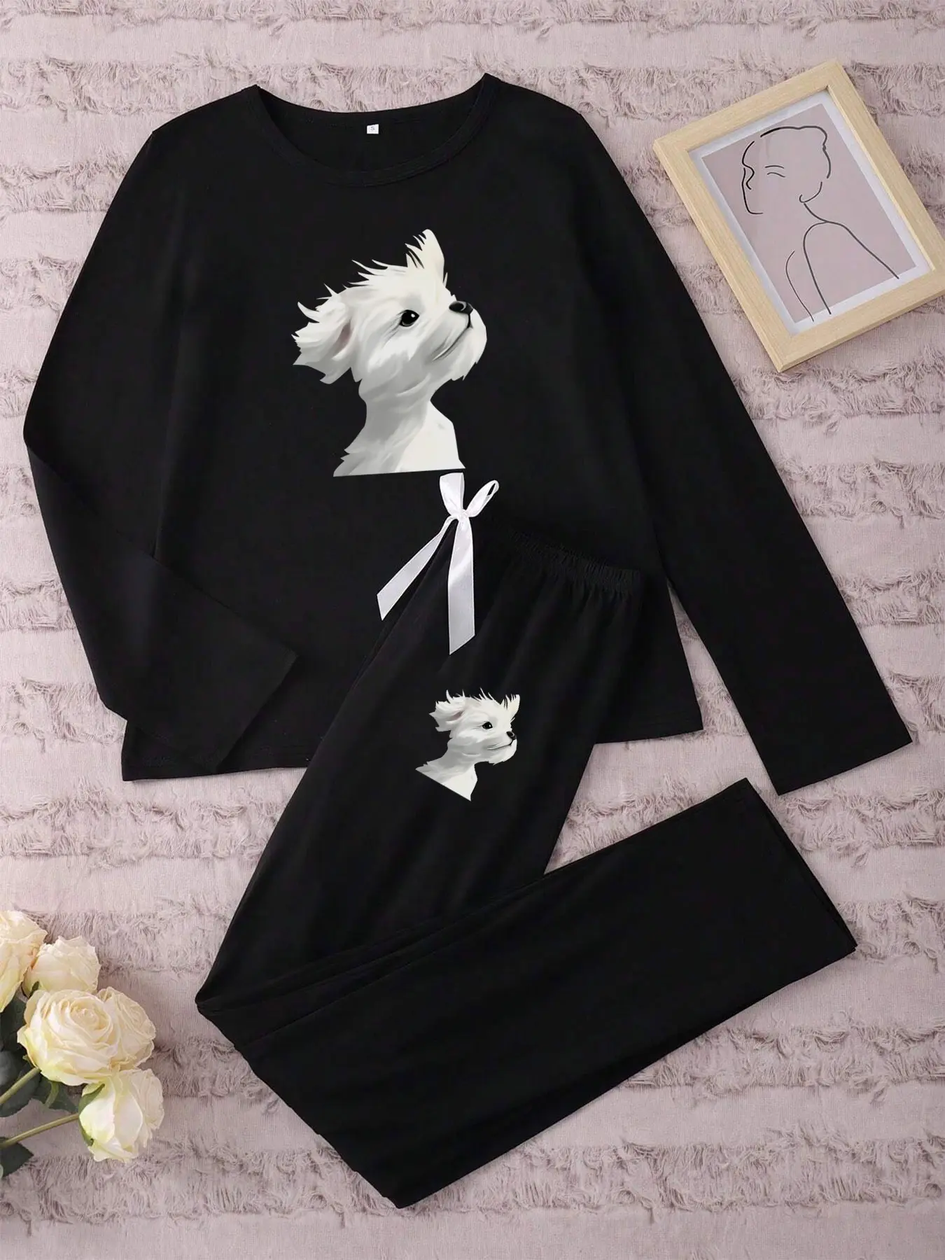 Women's Long Sleeve Pajama Set, Matching Pj Set, Cartoon Dog Print Sleepwear, Casual Fitted Nightwear for Spring & Fall, Comfortable Home Loungewear Pjs, Cute Loungewear
