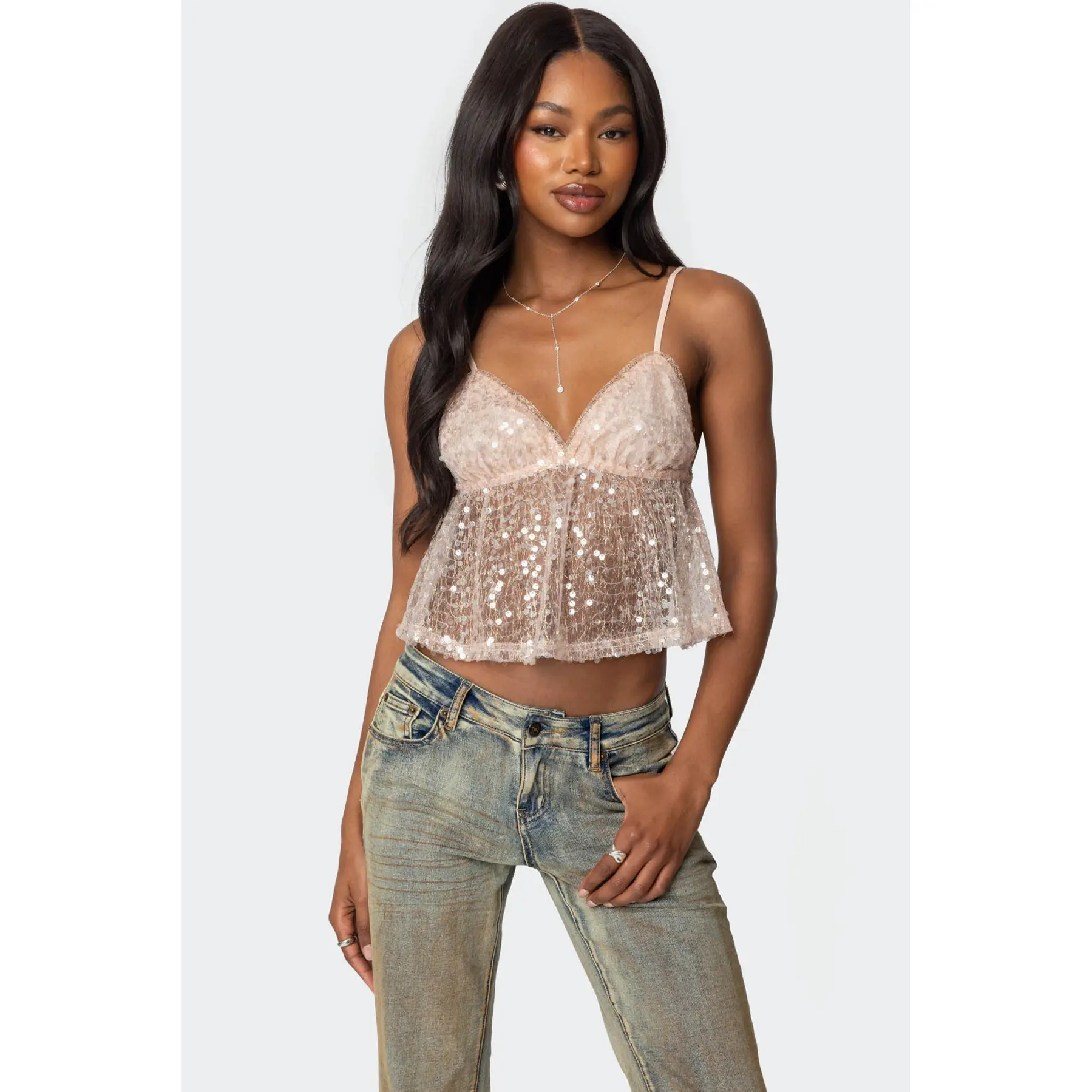 Sheer Sequin Babydoll Tank Top