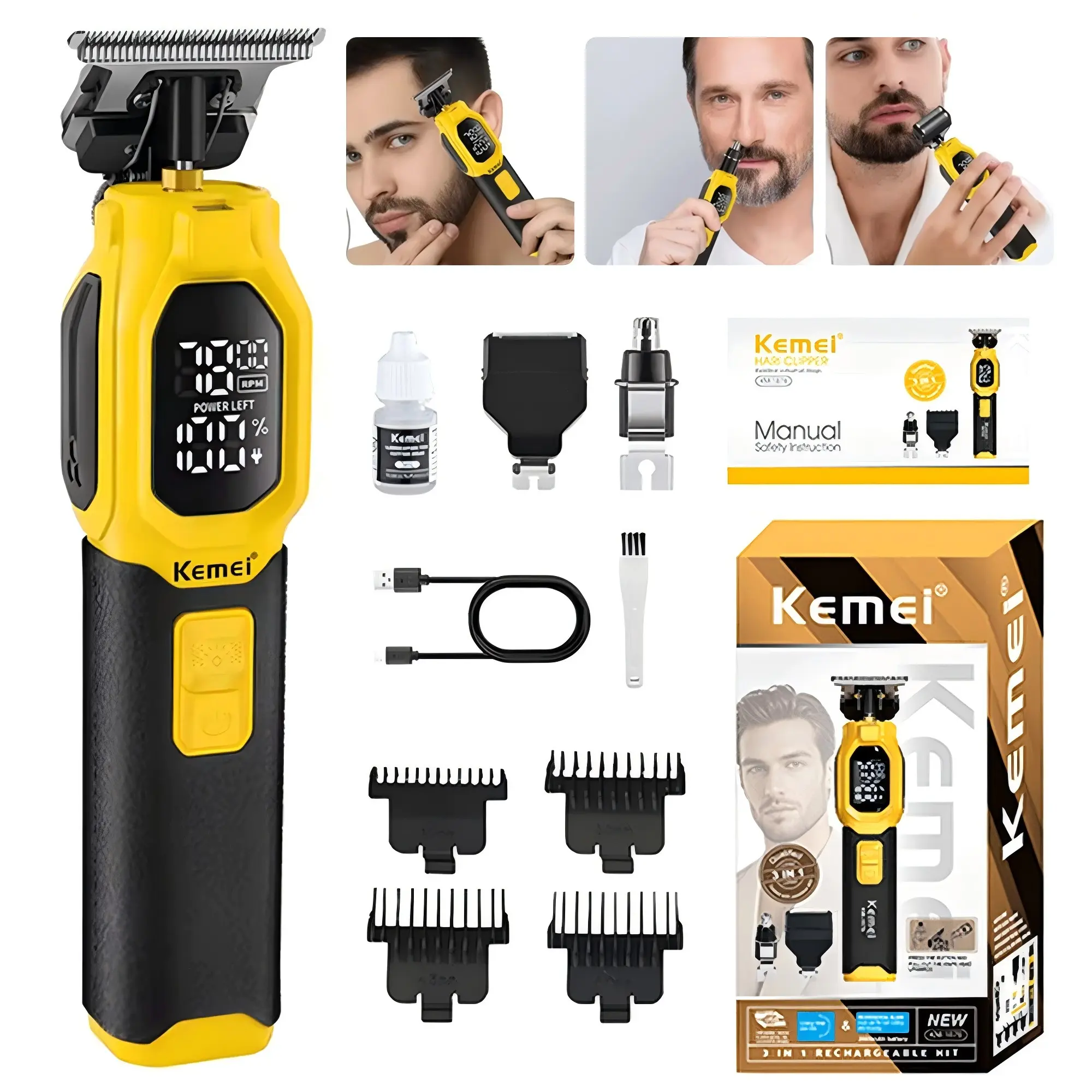 Kemei 3in1 Grooming Kit Metal Hair Trimmer for Men Rechargeable Beard Trimmer Electric Hair Cutting Machine with 3 Limit Combs & Nose Trimmer Brush Carbon split end trimmer