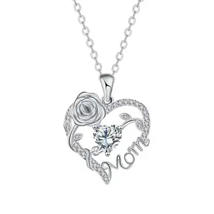 Heart Rose Mom Pendant Necklace, Love Heart Necklace, Mom Necklace for Mama Aunt Nana Grandma Birthday Mother's Day Jewelry Gift