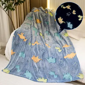 Glow-In-The-Dark Blanket, Ultra-Soft Warm Plush Throw, Blue Dinosaur Pattern, Unisex Christmas New Year Gift, Large 59x78 Inches