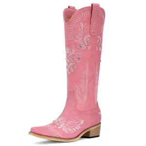 【Valentine's Day Gift】Cowboy Boots for Women - Wide Calf Knee High Western Cowgirl Boots with Classic Embroidered, Sparkly Rhinestone Retro Country Design, Chunky Heel Casual Shoe Footwear Fall Boots Decor White