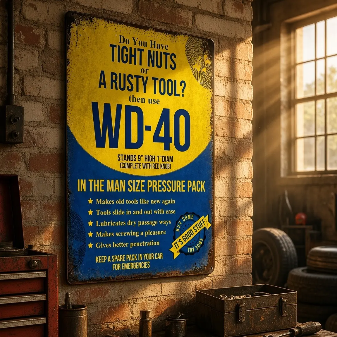 Vintage WD-40 Funny Joke Metal Tin Sign - Retro Look Home Decor Plaque, Garage Decor, Men's Stuff Gag Gift, Boyfriend Gifts Ideas, Wd-40 Sign