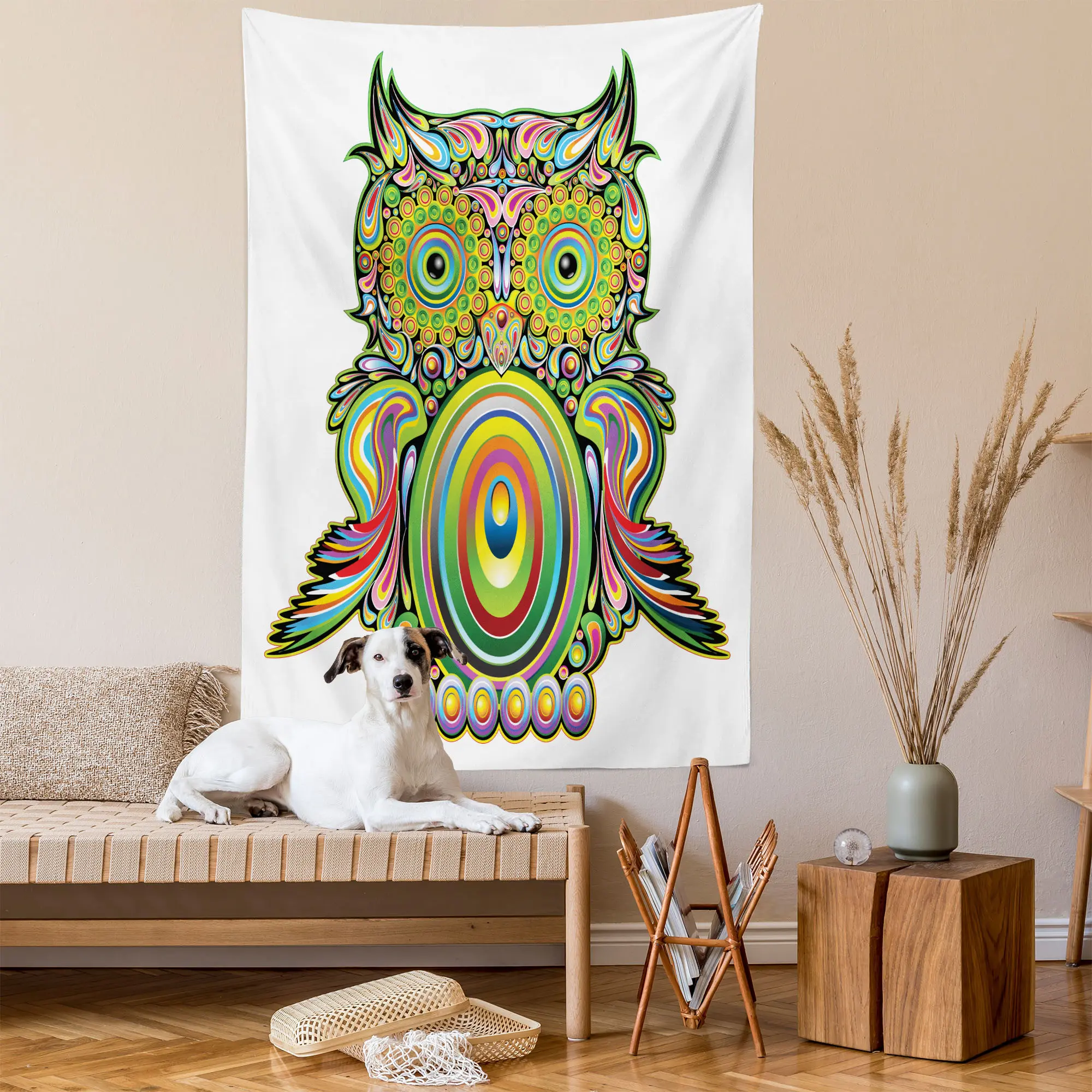 Owl Tapestry, Ornate Colorful Owl Elements Eye Feather of Universe Psychedelic Art, Wall Hanging for Bedroom Living Room Dorm Decor, 60" X 80", Multicolor