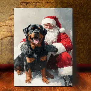 2D Flat Surface, Christmas Rottweiler and Santa Claus Canvas Wall Art - Modern Holiday Decoration - Ready to Hang, No Frame Needed - Living Room, Bedroom, Office Decoration - Pet Lover Gift - BNM1987