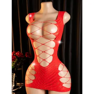 Women's Red Elastic Lingerie Lady Erotic Bodysuit - Gypsophila Hot Diamond Mesh Intimates, Open Crotch Knit Crop Top, Solid Fabric Fishnetsuit