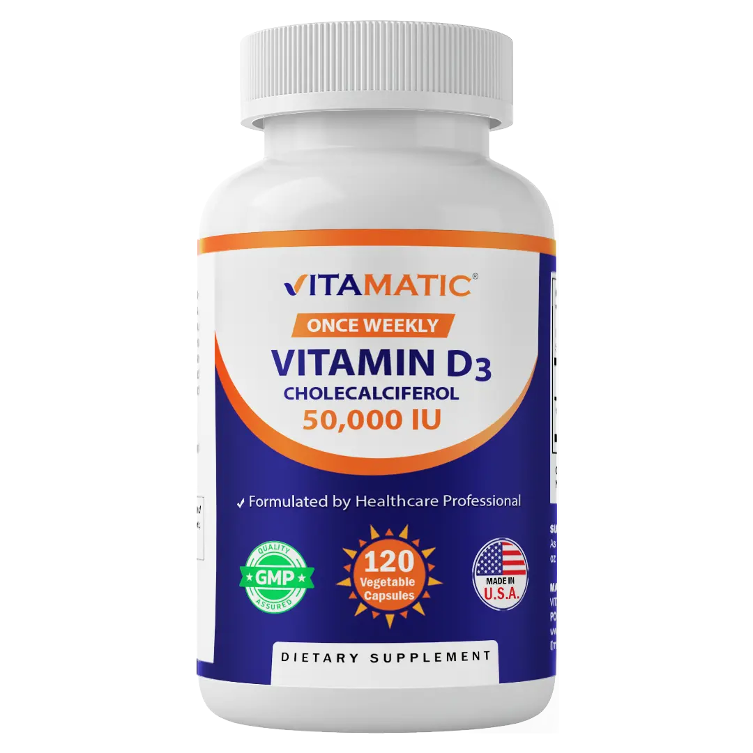 Vitamatic Lactose-Free Vitamin D3 Dietary Supplement - 50000 IU Cholecalciferol, 1250 mcg, Once-Weekly Dose, 120 Veggie Capsules, Healthcare, Nicotine-Free, Plant-Based, Vegetarian, No-Sugar Vitamins Supplements for Brain Health, Nicotine-Free Vitamins Su