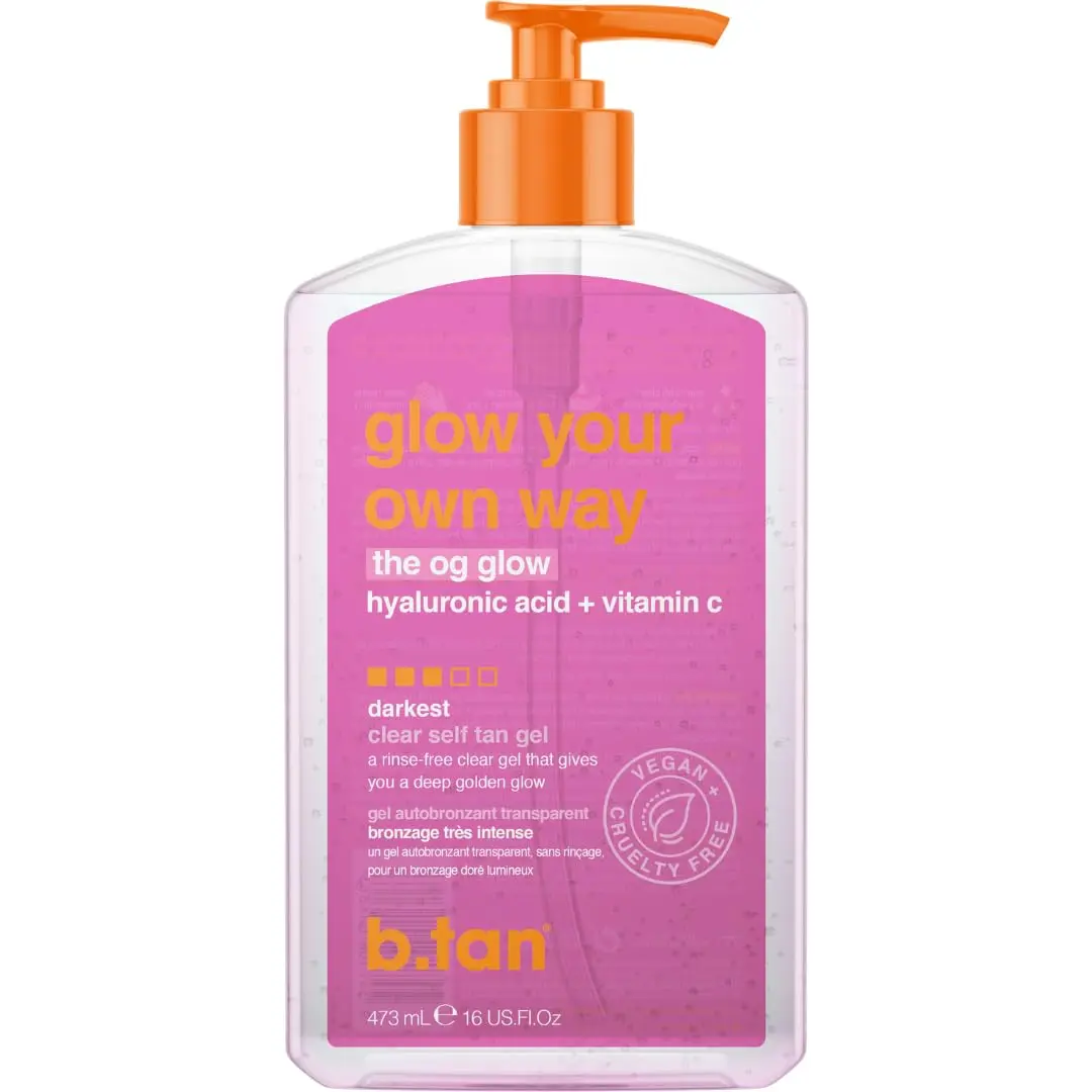 b.tan Dark Clear Self Tan Gel | Glow Your Own Way - Best Transfer Resistant, Ultra Quick Bronze, Gradual Sunless Tanning Lotion, Deep Moisturizer, No Fake Tanner Smell, 16 Fl Oz