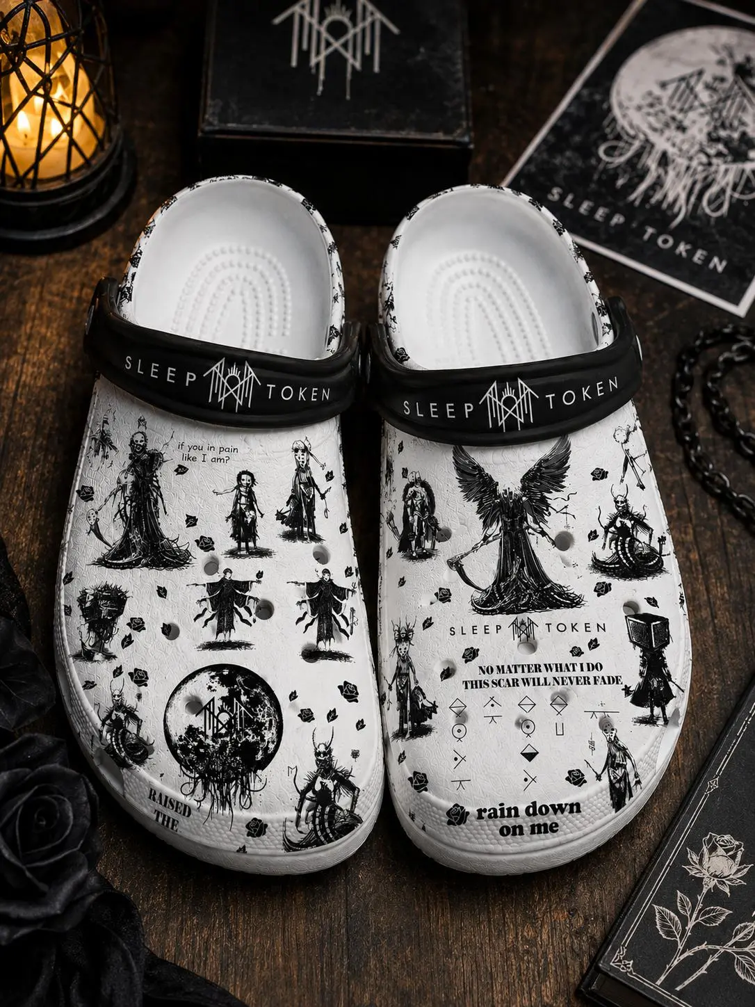 Dark Fantasy Clogs Shoes, Monochrome Mystical Art Clog Shoes, Gothic Symbol Graphic Casual Footwear, Lightweight Comfort Clogs Shoes