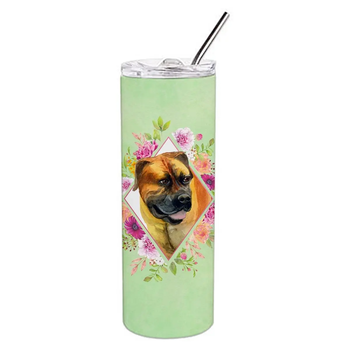 Carolines Treasures CK4281TBL20 20 oz Borboel Mastiff Green Flowers Insulated Double-Walled Stainless Steel Portable Skinny Flask Tumbler with Lid