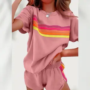 Rainbow Effortless Color-Block Lounge Set | Modern Contrast Lounge Duo | Breezy Color-Pop Set |  Chic Minimalist PJ Duo | Cozy-Core Matching Outfit | Casual Fabric Breathable Homewear Womenswear Lightweight Loungewear two piece set