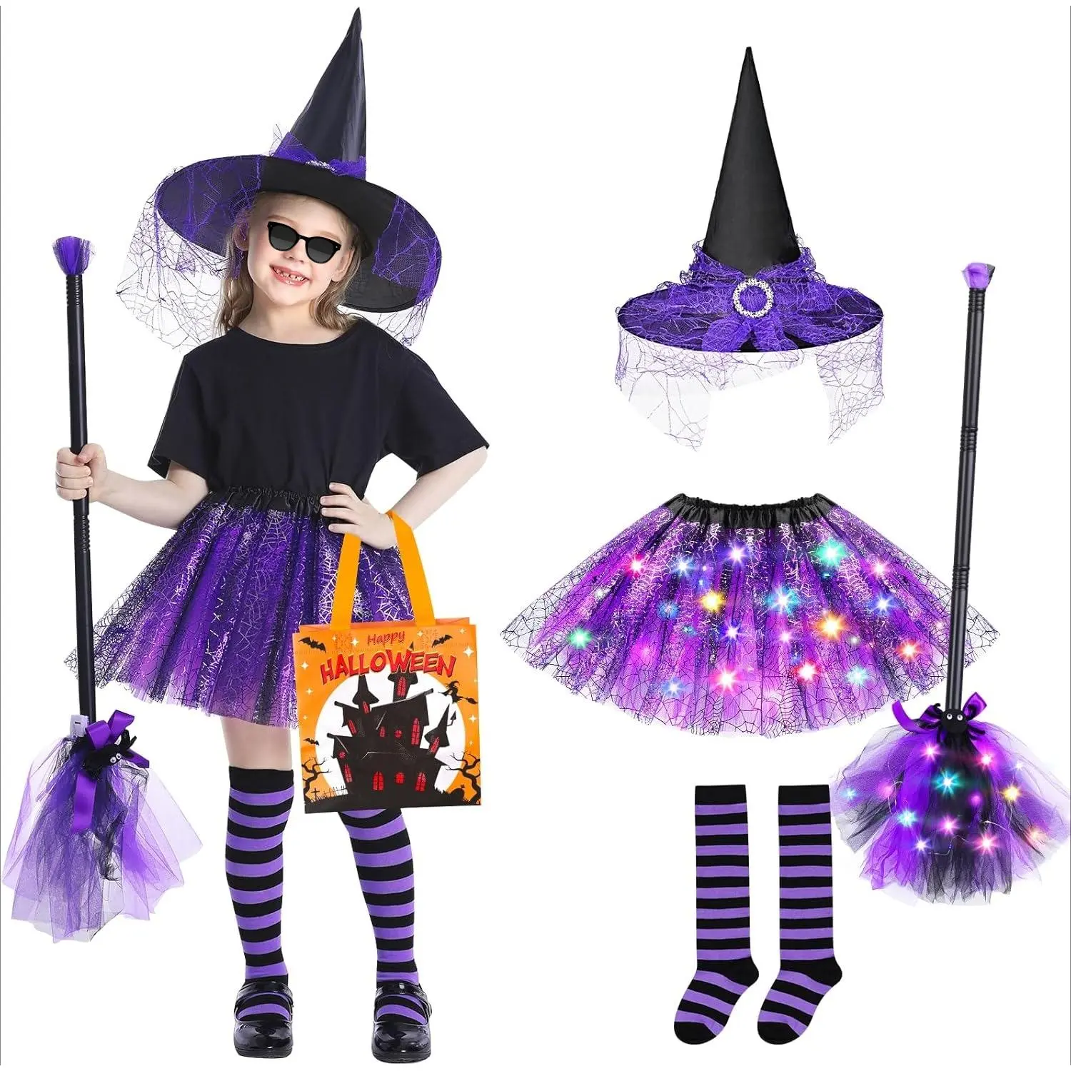 Girls' 5-Piece Halloween Costume, Spider Web Print Polyester Clothing Set with Light-Up Tutu, Witch Hat, Broom & Extra Witch Socks, Led Lights