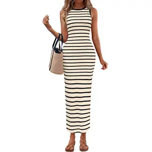PretttyGarden Women's Striped Knit Bodycon Maxi Dress Side Slit Sundresses Spring Fashion Beach Clothes
