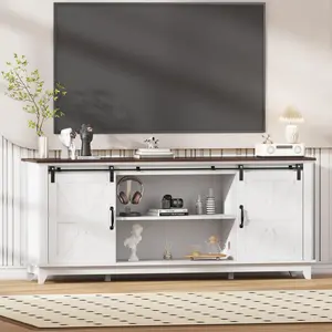 Garvee Classic Farmhouse Entertainment Center with Sliding Barn Doors, Adjustable Shelf, and Storage for 75" Screen, 15.8"x66"x28", White - Stylish Media Console Table for Living Room