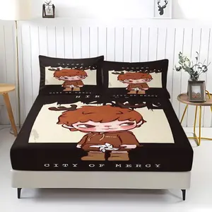 3-Piece Hirono Pattern Bedding Set, Comfortable Printed Design, Includes 1 Fitted Sheet & 2 Pillowcases, Non-Slip, Perfect Gift, Comfy Bed Sets