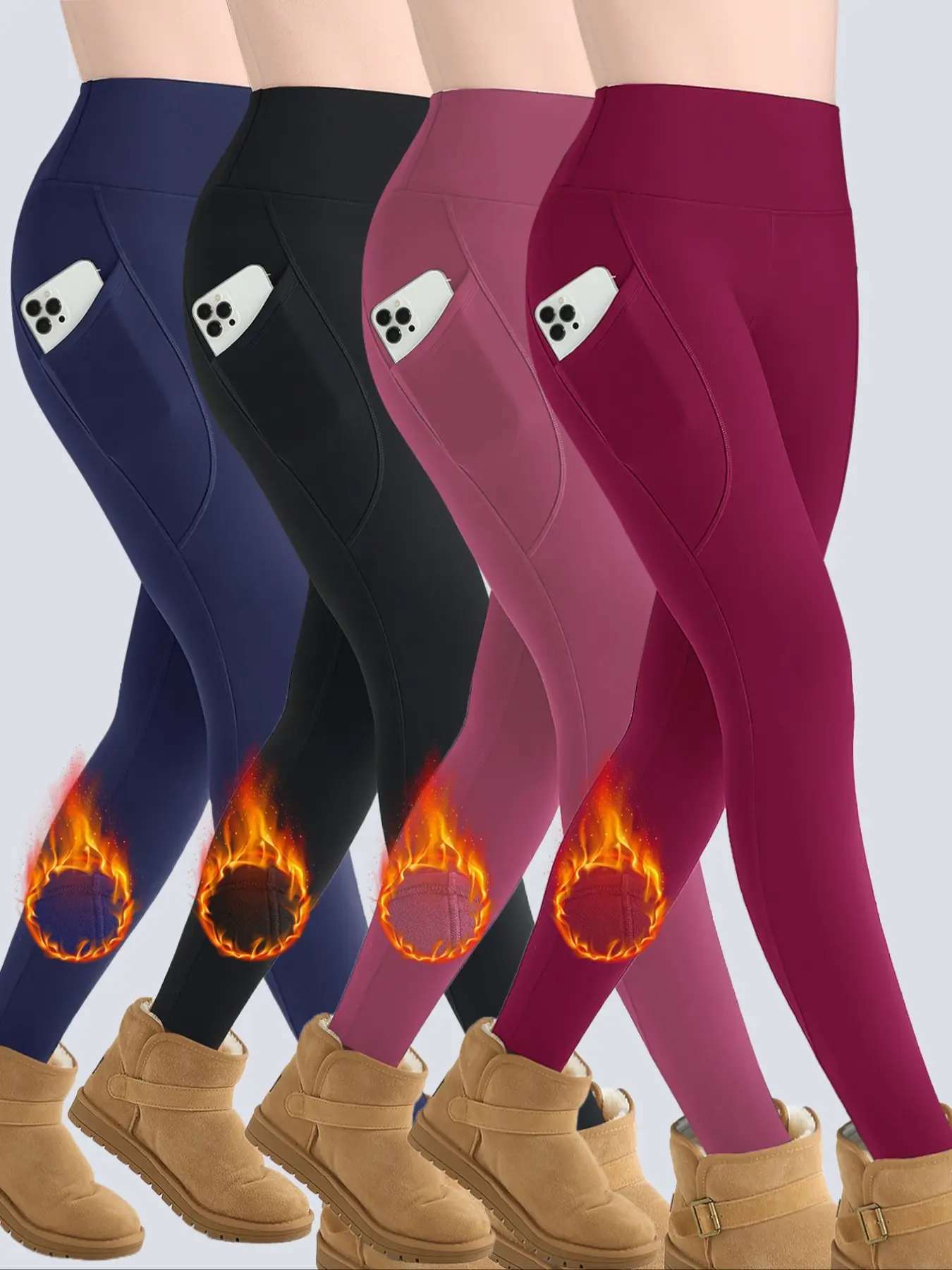 4PCSWomen's High Waist Fleece Lined Yoga Pants with, Winter Sportswear Ski Leggings with Pockets, Solid High Waisted Athletic Sports Leggings, Tight Fit Abdominal Control Bottoms for Fitness Outdoor Activities, Soft and Comfortable, High Waisted Leggings