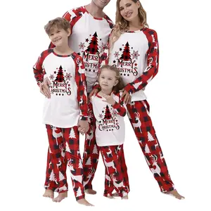 FOCUSNORM 2Piece Christmas Plaid Family Matching Pajamas Long Sleeve Round Neck Tree Print Tops+ Reindeer Pants Set Casual Xmas Soft Sleepwear Loungewear
