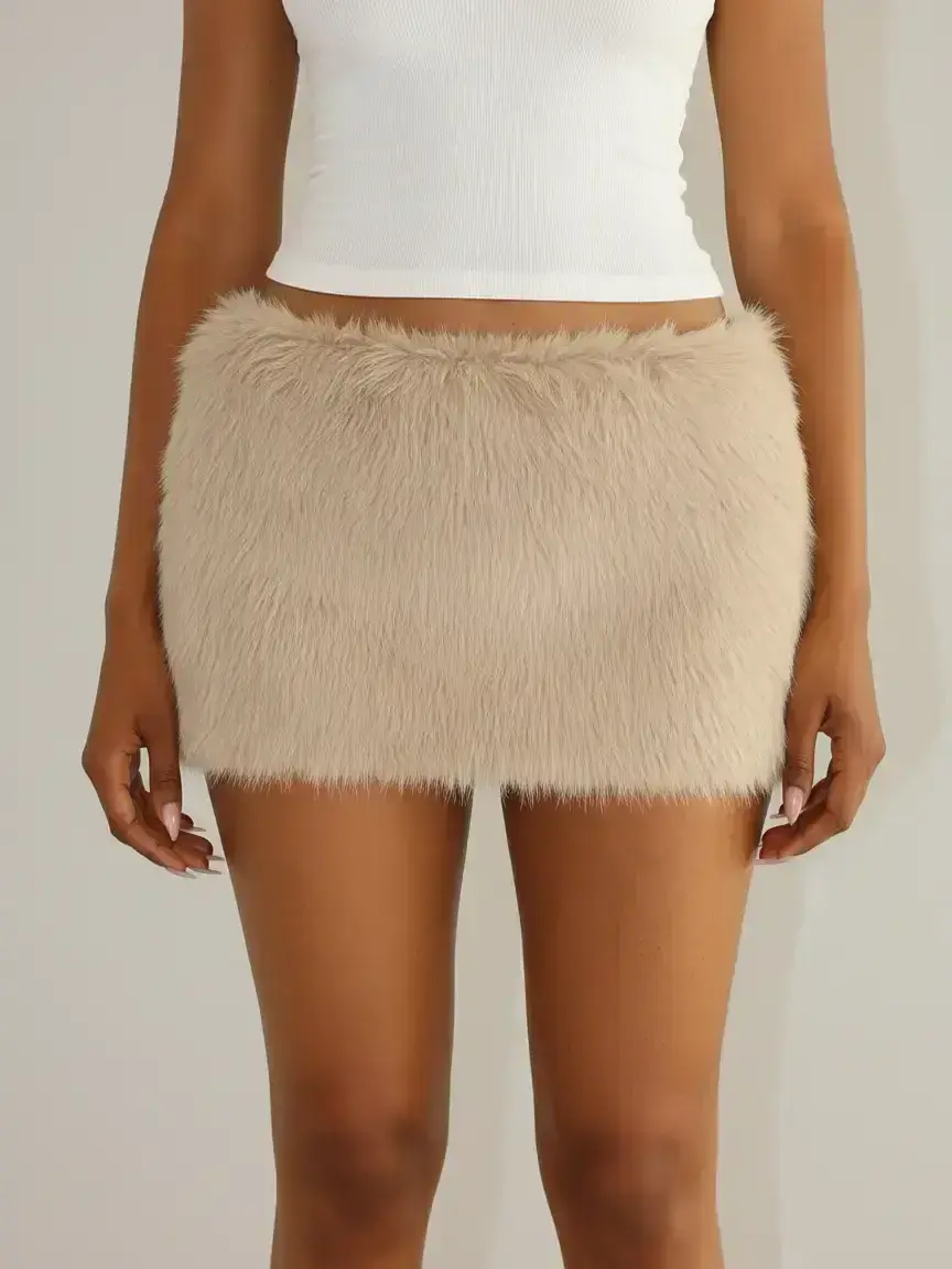 Women's Sexy Faux Fur Zipper Low Waist Short Skirt, Hip Hugging Skirt, Slim Fit Bodycon Dress for Fall & Winter, Plain Color Versatile Fashion