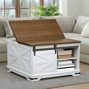 HOOBRO Farmhouse Coffee Table, Lift Top Coffee Storage Table, Wooden White Coffee Table with Barn Door, Large Square Coffee Table for Living Room,  Hidden Space, White and Walnut #SummerVibes