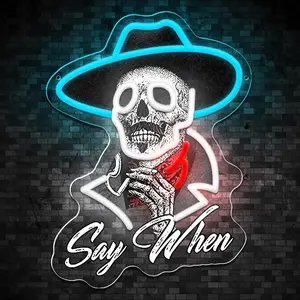Say When Skeleton Skull Neon Signs  for Wall Decor Halloween Window Lights Dimmable LED Skeleton Light Up Sign for  Skull Tombstone Neon Signs,Valentine's Day Decor.