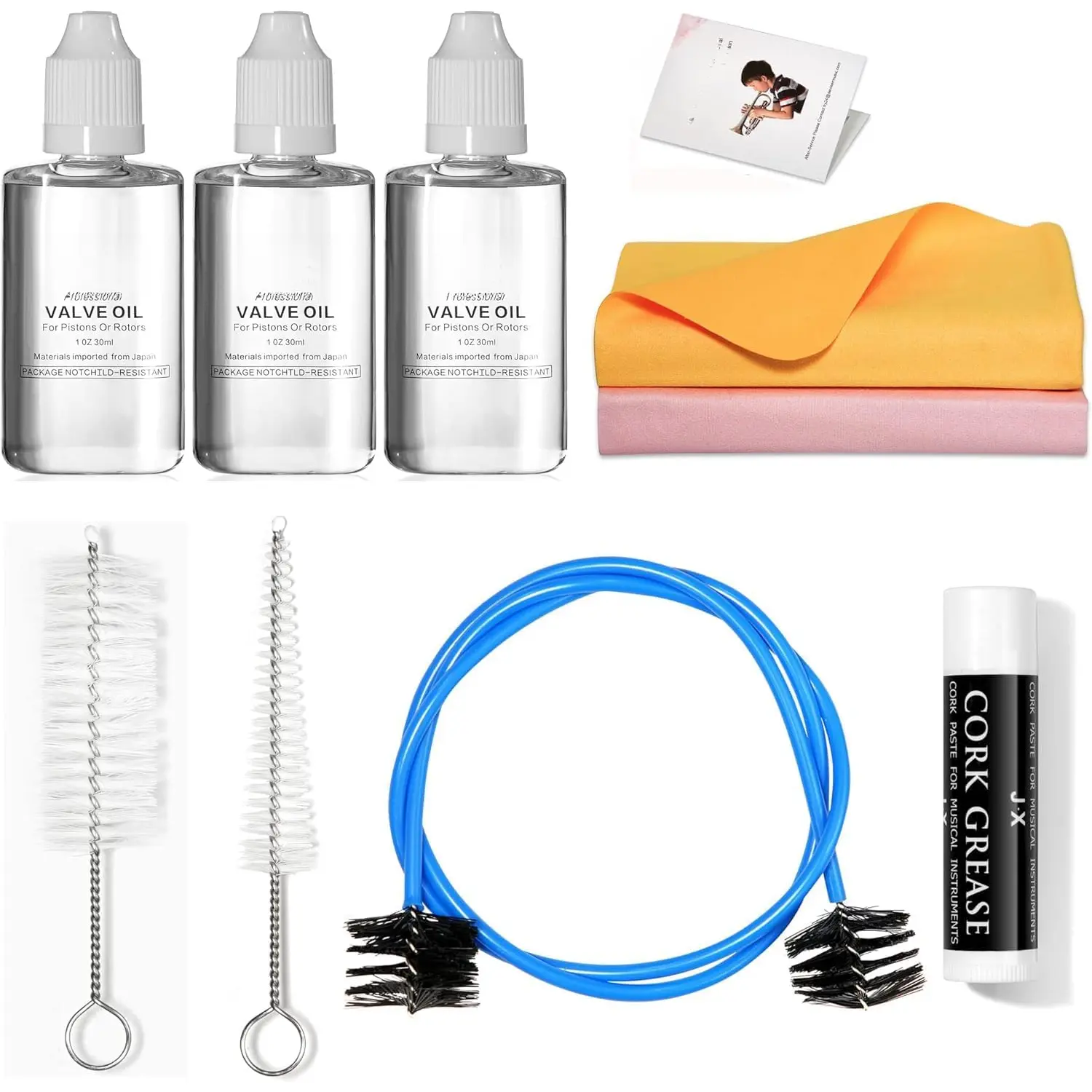 Trumpet Cleaning kit Deviser All in One Cornet Care kit:Valve Oil x3,Cork ,Cleaning Swab,Mouthpiece,Bore Brushes