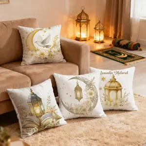 4-Piece Crescent Lantern Tea Pot Pattern Ramadan Decoration Pillow Covers, 45x45cm, Hidden Zipper, Indoor Outdoor Decor, Home Textile