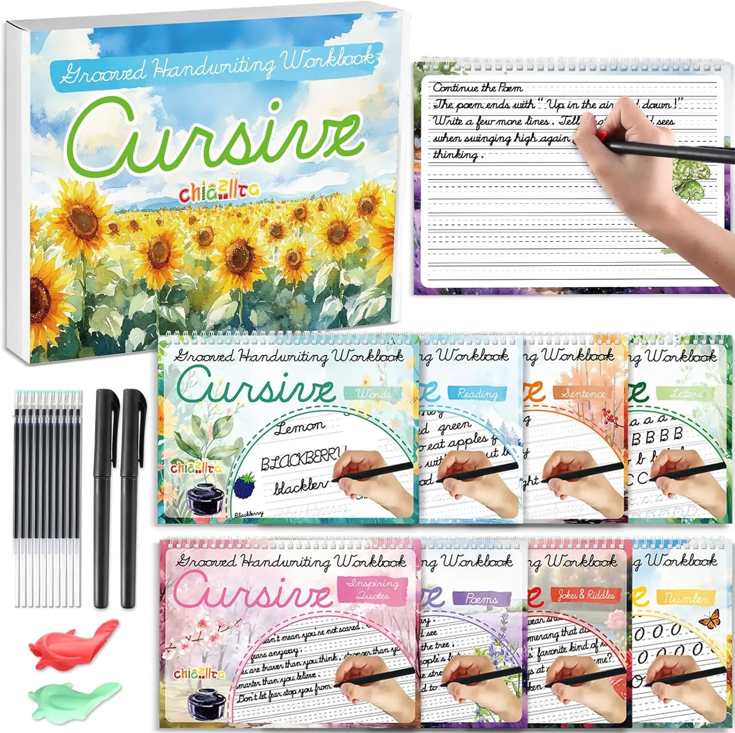 8 Pack Grooved Cursive Handwriting Workbook with Disappearing Ink Pens Magic Grooved Cursive Reusable Handwriting Practice Books Copybooks for Kids Beginners Learning Activities Supplies