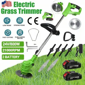 Electric Cordless Grass String Trimmer Lawn Edger Weeds Wacker Cutter +2 Battery 24V 7000mAh 1 Charger Telescopic Rod Anti-Slip Handle Trimmer Cordless Electric Lawn Eater Edger 650W/100W,Garden Tools
