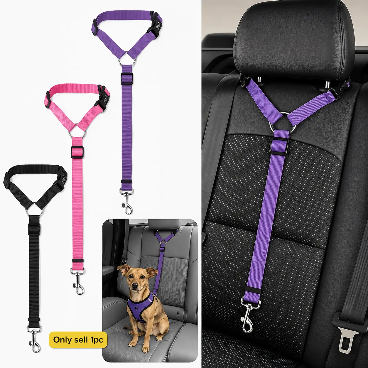 Dog Car Safety Restraint Leash - Adjustable Nylon Webbing, 360° Swivel Clip, Lockable, Prevents Tangling, Multi-Use as Pet Leash or Harness