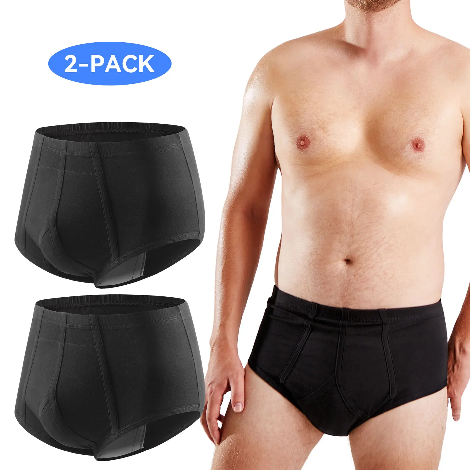 CARER Men's 2pk Plain Washable Cotton Incontinence Briefs - 180ml High-Capacity Absorption, Reusable Bladder Control Underwear with Breathable Spandex Layered Protection, Absorption, Dry, High-Elastic, Moisture, Padded Men's Briefs, Absorption Men's Brief