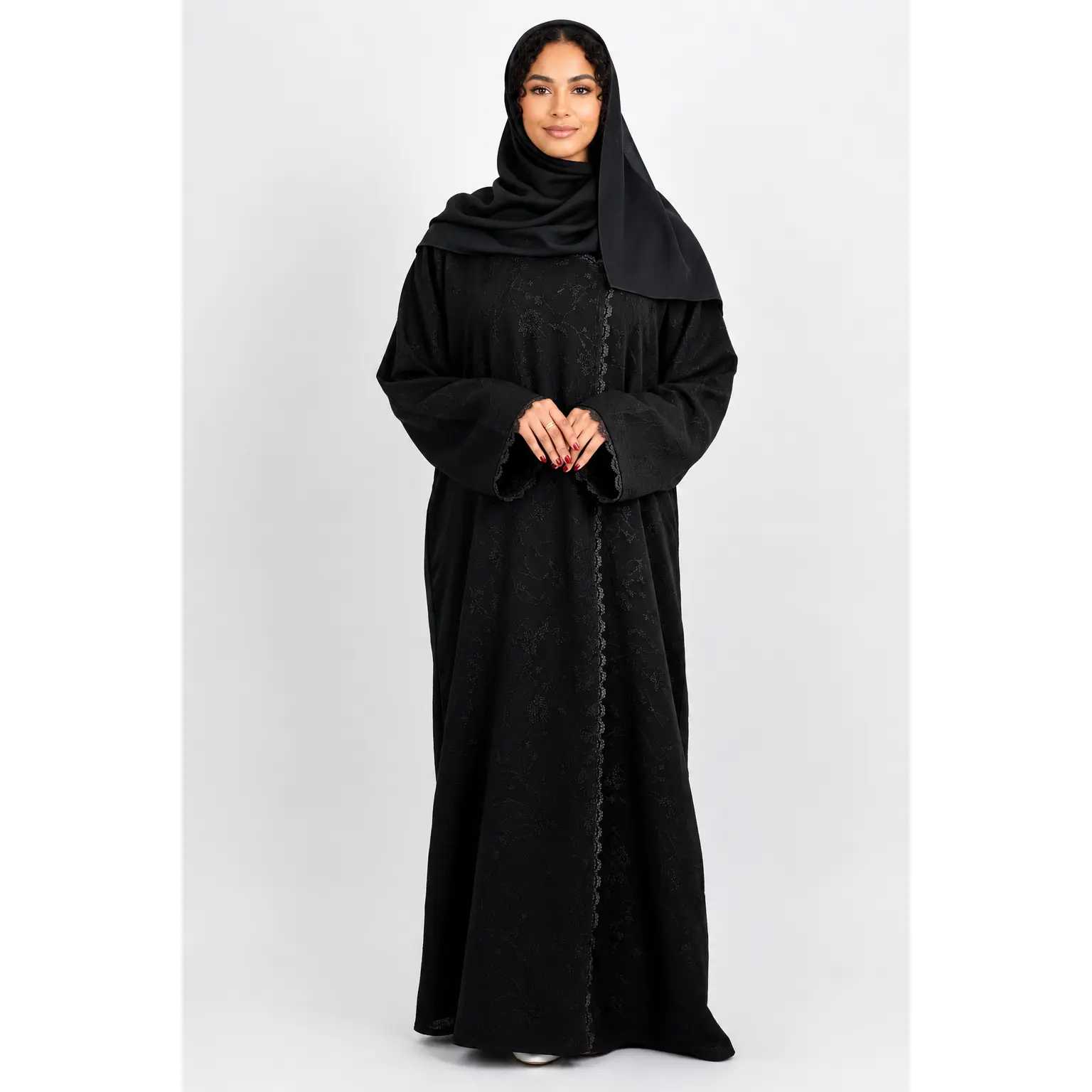 Bushra Embossed Jacquard Chiffon Open Abaya