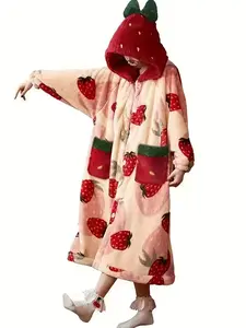 New Strawberry Women's Sleeprobe Bathrobe, Autumn Winter Coral Fleece Warm Loose Home Wear, Lazy Hooded Blanket, Christmas Gift for Girlfriend, Fruit Print Pajamas, Fluffy Pajamas