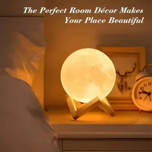3 Color LED Moon Lamp, 3D LED Christmas Night Light with Wooden Base, Adjustable Brightness, USB Rechargeable, Bedroom Decor, Gift Idea