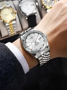 Men's Analog Quartz Watch, Stainless Steel Case, Butterfly Clasp Closure, Waterproof Luminous Calendar Feature, Ideal Gift for Him, Stainless Steel Wristwatch, Luminous Date Wristwatch