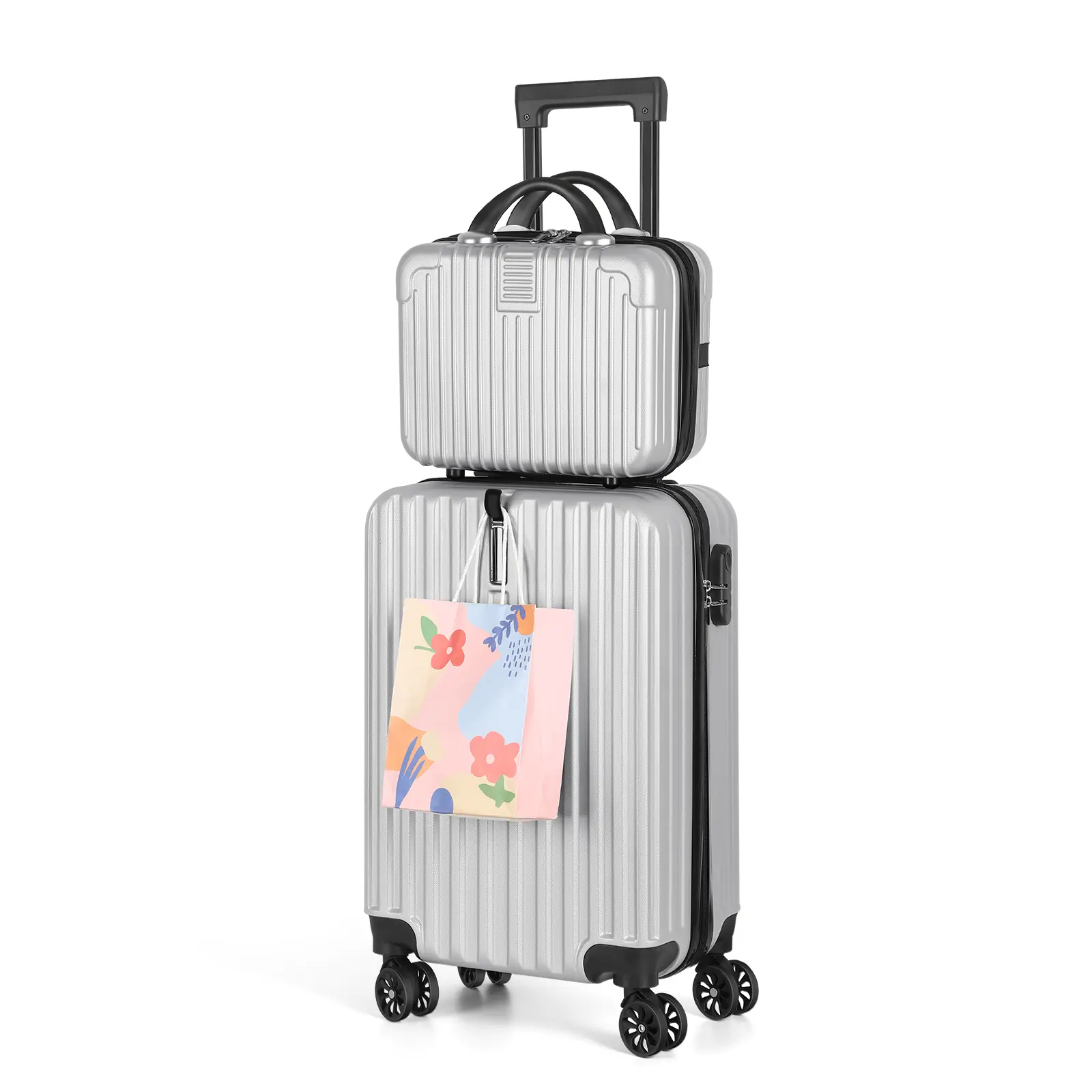 Airline Approved 2-In-1 Silver Hardside Carry-On Luggage Set, ABS Hard Shell Trolley Suitcase with 14in Multi-Purpose Cosmetic Case, Digital Code Lock, 360° Silent Spinner Wheels, Large Spacious Interior, Front Bag Hook for Travel
