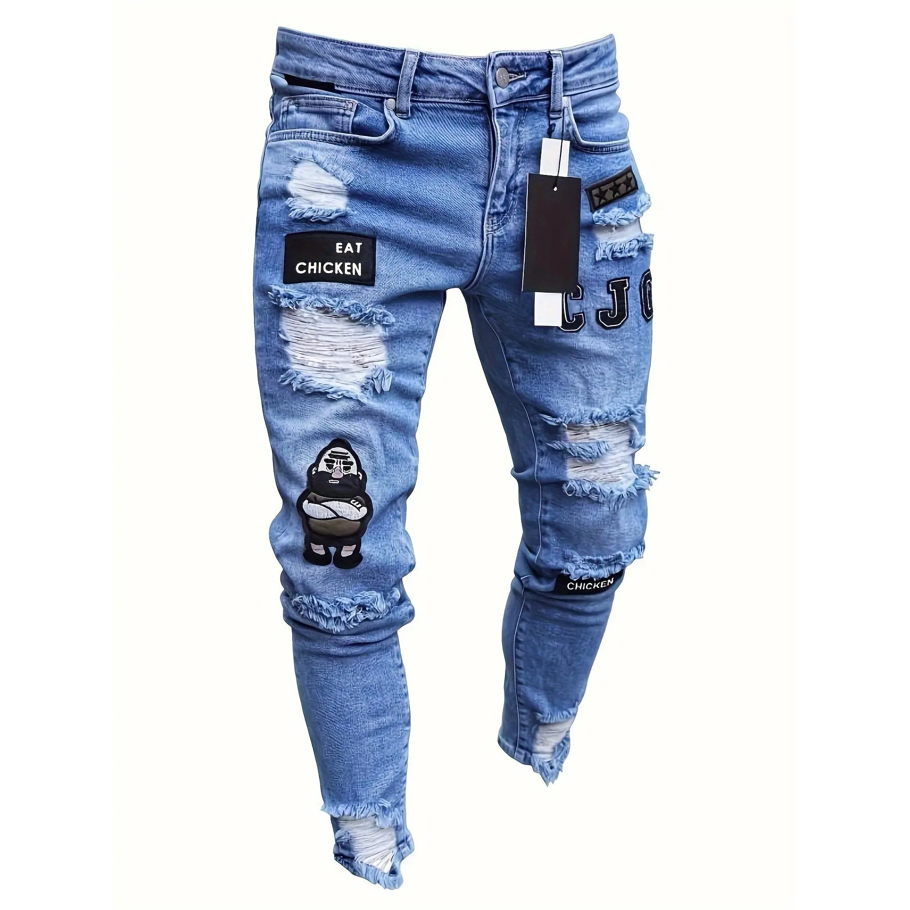 Men's Slim-Fit Casual Cartoon Embroidered Joggers - Ripped Distressed Sports Sweatpants for Youth, Casual Style Sweatpants, Elastic Waistband, Male, Slim-Fitting, Ripped Look, Full Length, Long Pants, Cartoon Patch