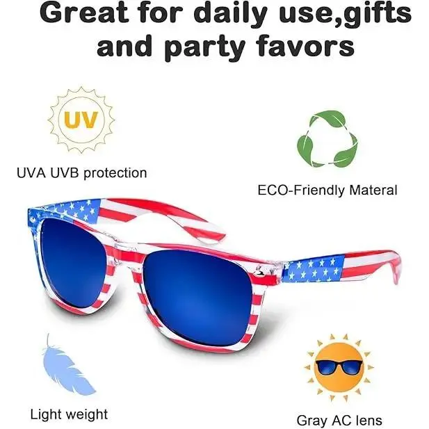 3 Pairs Unisex Adult Retro Large American Flag Full Rim Shutter Shades Sunglasses - Eco-Material UV Protection Eyewear for Multi-Sports, Independence Day Patriot Party Props