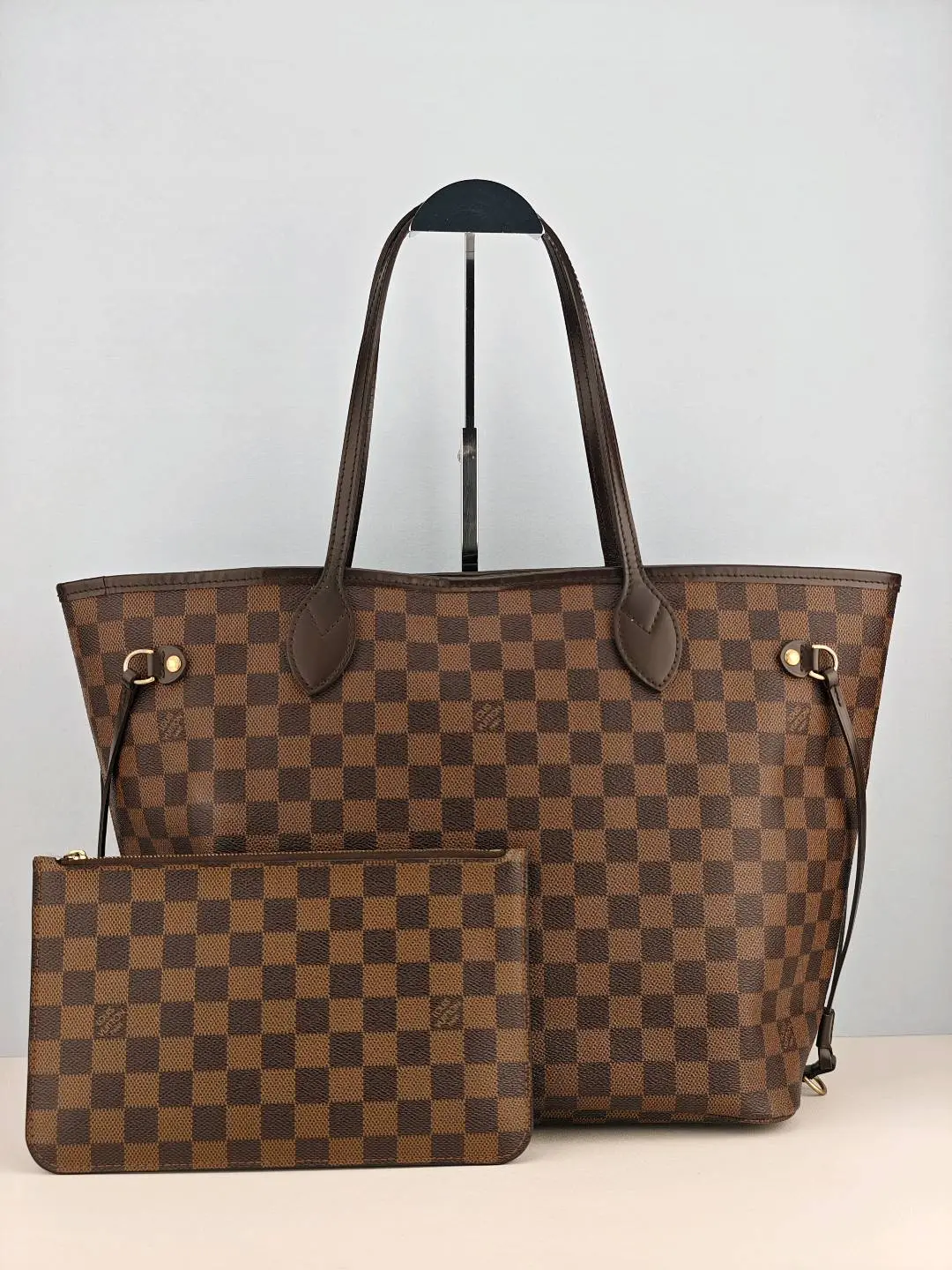 Pre-owned Damier Ebene coated canvas Shoulder Bags Louis Vuitton Neverfull MM Damier Ebene Shoulder Bag With matching pouch【CA0175】