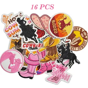 16-Pack Pink Cowgirl Iron-On Embroidered Patches, Cowgirl Style Appliques for DIY Clothing Repair & Decoration on Jeans, Jackets, Backpacks & Hats Sequined Patches For Clothes Pegatina De Fraces Bonitas Para Ropas patch applique small  patches