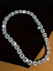 Square Rhinestone Zircon Chain Necklace, Unisex Streetwear Party Jewelry, Trendy Jewelry, Hip Hop Cuban Link Chain Necklace, Fashion Accessory for Men and Women